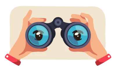  Eyes looking through binoculars in hands. Business person observing exploring future searching for ideas and strategy. Opportunity observation, perspective vision concept flat vector illustration © iconicbestiary
