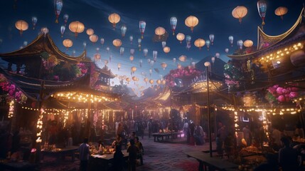 a group of people in a room with lanterns and a stage