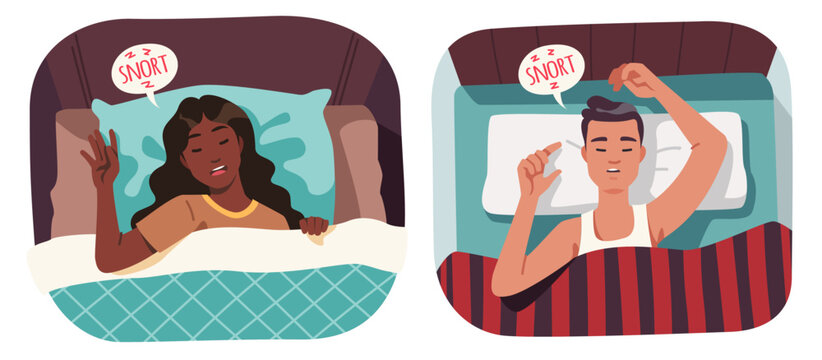Snoring person sleeping in bed set. Asleep man, woman lying in bed having sleep apnea disorder problem making snore noise sound. Night relaxation in home bedroom concept flat vector illustration