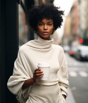 Beautiful Young Black Woman Walking On The City Street And Drinking Coffee