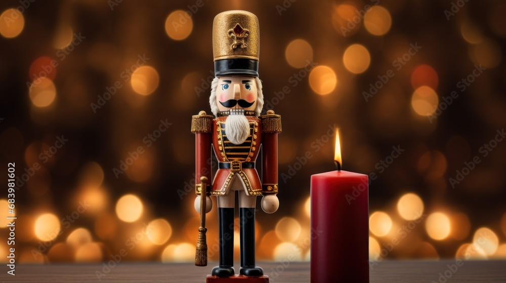 Poster a nutcracker figurine next to a lit candle in front of a blurry background of lights.