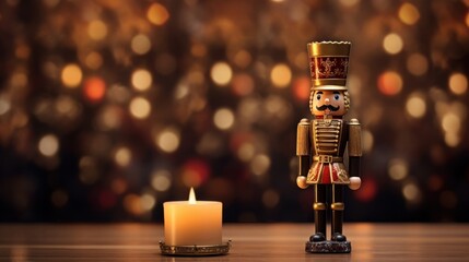 Fototapeta na wymiar a nutcracker figurine next to a lit candle in front of a blurry background of lights.