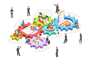 3D Isometric Flat  Conceptual Illustration of Agile Methodology and Life Cycle, Software Development Approach