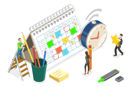 3D Isometric Flat  Conceptual Illustration of Task Schedule, Work Planning and Time Management