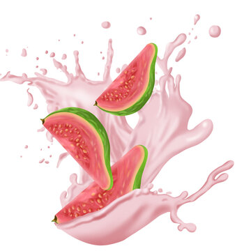 Pink guava fruit with juice splash isolated on transparent background.