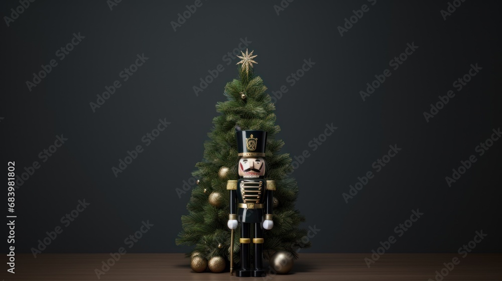 Poster a nutcracker standing in front of a christmas tree with a nutcracker figure in front of it.