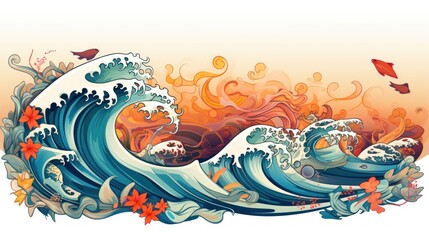  a painting of an ocean wave with a bird flying in the sky above it and flowers on the bottom of the wave.