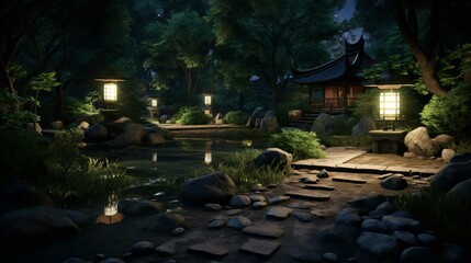 a pond with rocks and trees around it