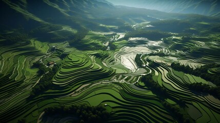 a green landscape with a river with Longsheng Rice Terrace in the background