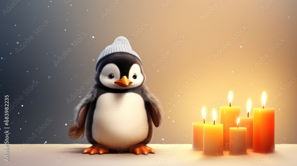Poster a penguin standing in front of a bunch of candles with a hat on its head and a hat on its head.