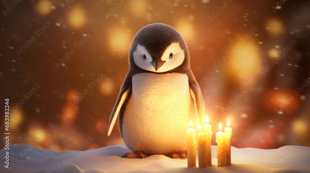Poster a penguin that is standing in the snow with a lit candle in front of it and a blurry background.