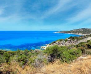 Summer sea scenery with aquamarine transparent water. View from shore (Sithonia, Halkidiki, Greece).