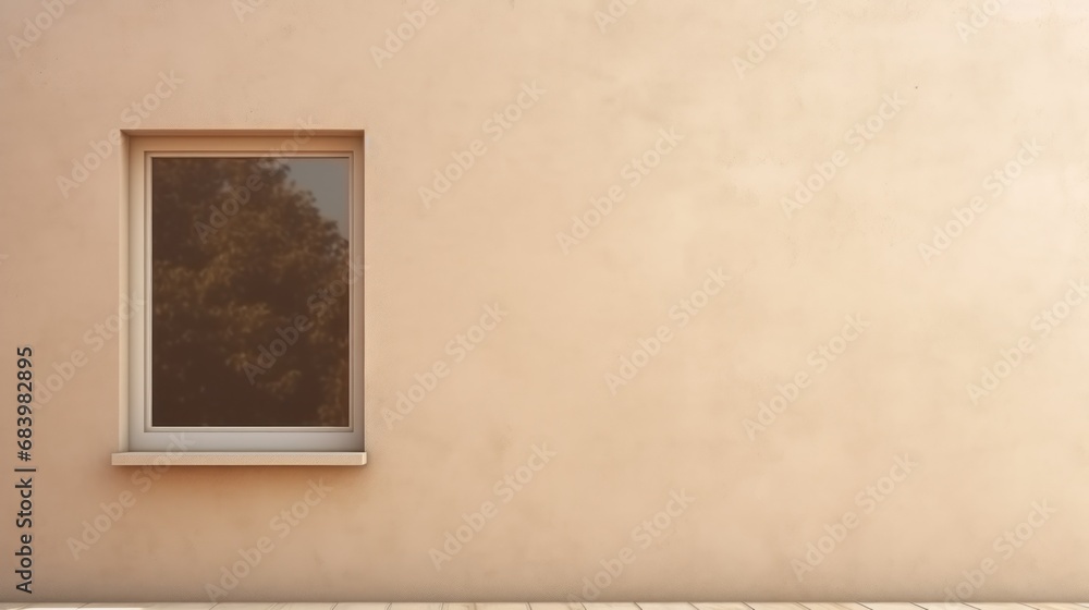 Poster a window on the side of a building with a bench in the foreground and a tree in the background.