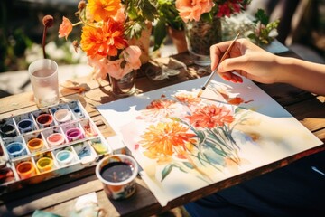 Naklejka na ściany i meble Water colour painting of flowers, outdoor activity, AI generated image