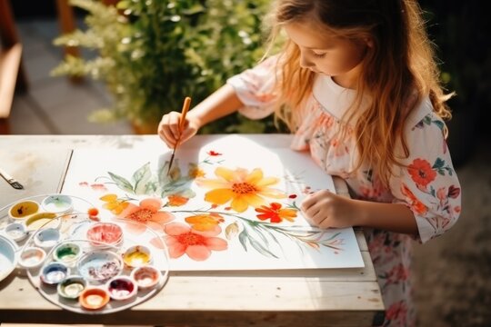 Girl doing water colour painting outdoor, AI generated