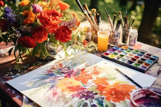 Water colour painting of flowers, outdoor activity, AI generated image