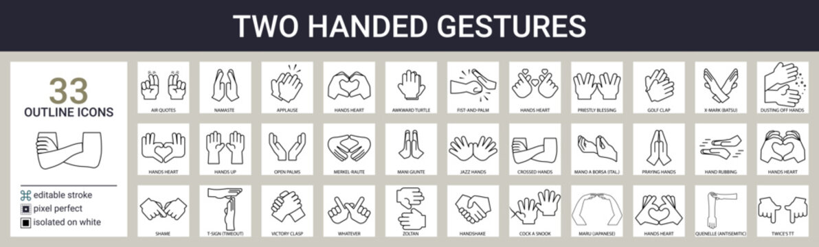 Gestures  and two-handed signs icon set in outline style