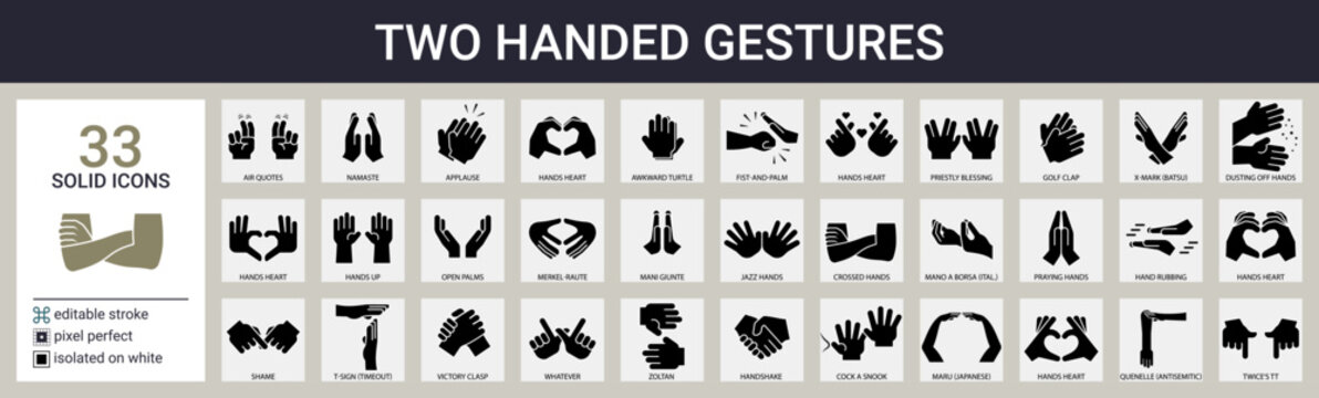 Gestures  and two-handed signs icon set in solid style