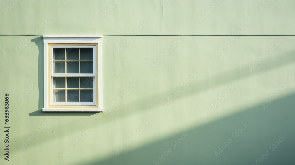 Poster a window on the side of a green building with a shadow of a person standing in front of the window.