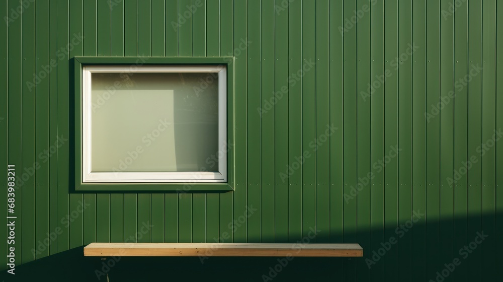 Poster a green building with a window and a wooden bench against the side of the building with a shadow cas