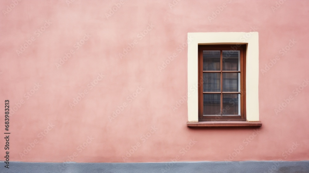Aufkleber a pink wall with a window and a bench in front of it with a bench in front of the window.