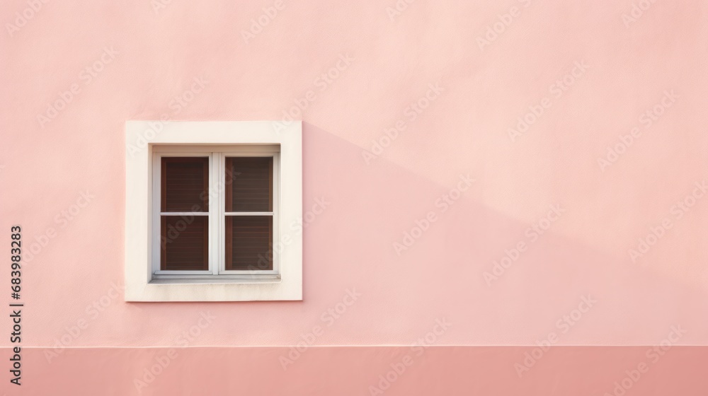 Poster a window on the side of a pink building with shutters open and a bench in front of the window.