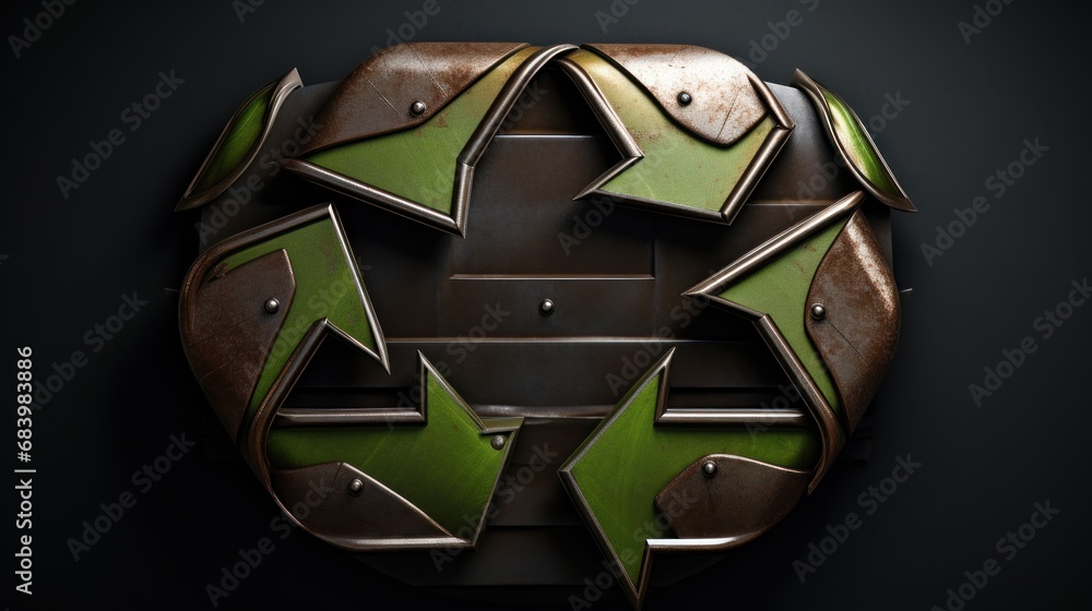 Aufkleber a close up of a metal object that looks like a recyclable object with green arrows on it.