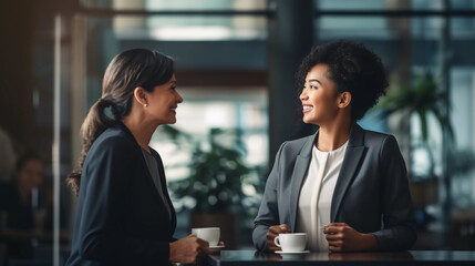 Woman talking with coffee in a business building and smiling office break professional new 