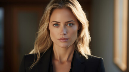 Business Woman Blonde Hair blue eyes white clothes straight face looking into camera office 4k 2023 new portrait shot curly hair 