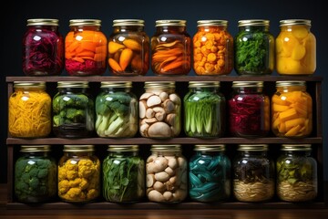 Autumn seasonal pickled or fermented vegetables in jars placed in row over vintage kitchen drawer, copy space. Fall home food preservation and canning