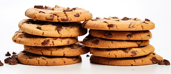 In the middle of a serene white background, a tower of chocolate chip cookies and biscuits sits isolated, tempting anyone stressed or depressed with its sweet promise of temporary comfort. Instantly - obrazy, fototapety, plakaty