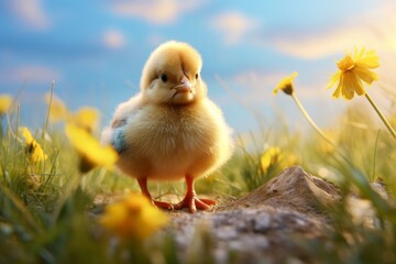 Adorable Baby Chick Basks in Sunlit Grass: Nature's Little Miracle! Generative AI