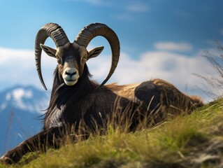 Majestic Black Ibex Relaxing on Verdant Slopes: Capturing Nature's Unseen Beauty Generative AI