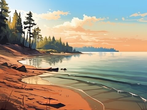 Stunning Serenity: Discover the Unspoiled Beauty of Lakeside Beaches Generative AI