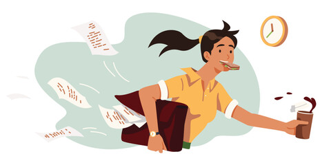 Student girl person in hurry eating on the run. Busy business woman going fast being late, holding takeaway food and coffee cup. Pace of life, time shortage concept flat vector illustration
