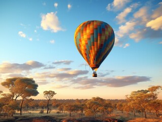 Experience the Adventure: Vibrant Hot Air Balloon Soaring Across Majestic Skies Generative AI