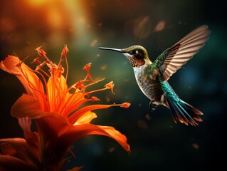Fototapeta premium Mesmerizing Moment: Hummingbird's Graceful Landing on Vibrant Orange Flower Generative AI