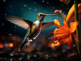 Captivating Moment: Rare Hummingbird's Graceful Landing on Vibrant Orange Bloom - Discover Nature's Marvels! Generative AI