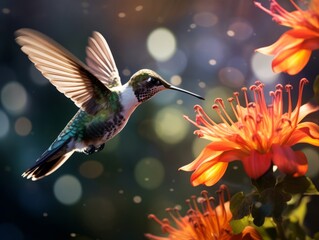 Mesmerizing Snapshot: Hovering Hummingbird Captured by Blossoming Hummingbird Flowers Generative AI