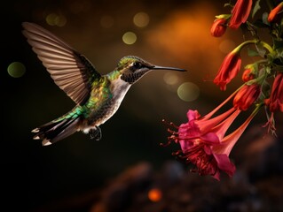 Naklejka premium Captivating Close-up: The Graceful Hover of a Long-Beaked Hummingbird! Generative AI