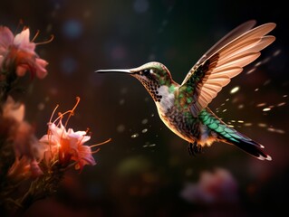 Fototapeta premium Stunning Capture of Hummingbird's Mid-Flight Majesty: Unveiling Nature's Splendid Aerial Acrobat! Generative AI