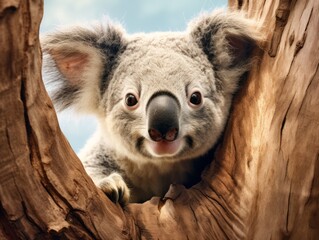 Peek-a-Boo! Delightful Glimpse of a Shy Koala Bear in Natural Habitat! Generative AI