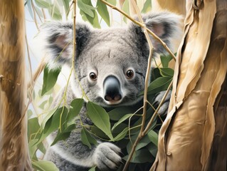 Peekaboo! Fascinating Close-up of a Curious Koala Amidst Eucalyptus Leaves Generative AI