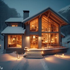 Warm lighting illuminates the exterior of a Scandinavian home in the snow. - obrazy, fototapety, plakaty