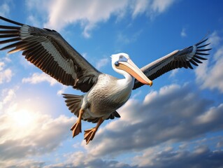 Obraz premium Captivating Flight: Sunlit Soar of a Lone Pelican Generative AI