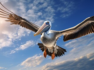 Embracing Freedom: A Stunning Snapshot of a Lone Pelican Soaring Towards the Sun Generative AI