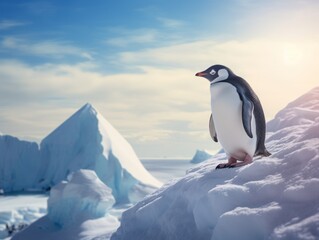 Majestic Solitude: The Lone Penguin Overlooking Its Snowy Kingdom Generative AI
