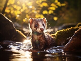 Adorable Encounter: Young Ferret Showcases Its Swimming Skills in a Serene River! Generative AI