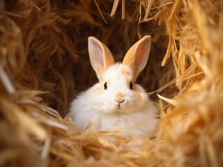 Obraz premium Captivating Shot: A Delicate White Rabbit Snuggles in Its Cozy Straw Nest! Generative AI