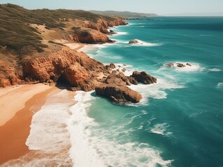 Obraz premium Stunning Panorama: Sandy Beach Cliffs Meet Azure Waves – A Heavenly Retreat from Above! Generative AI